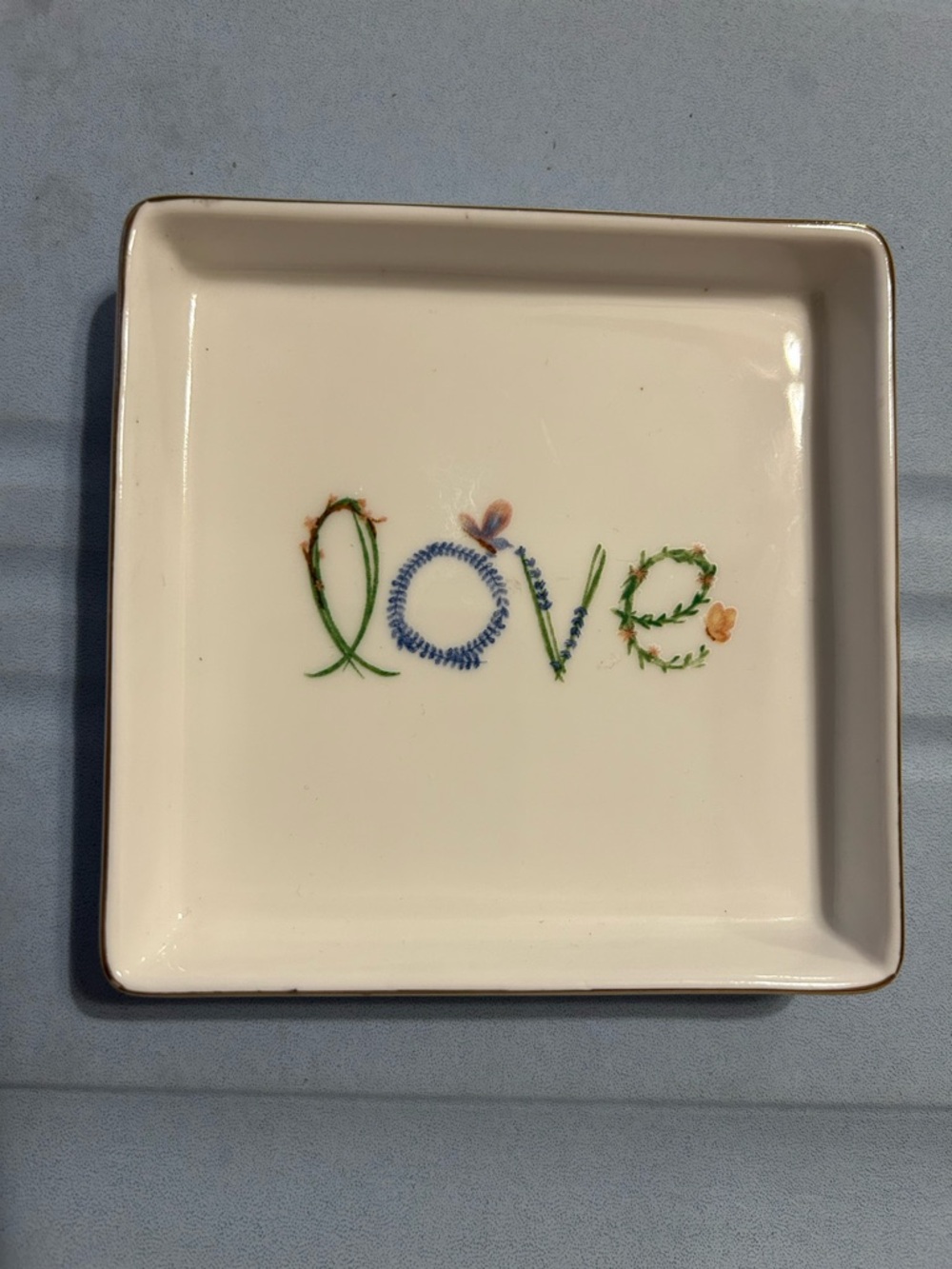Two's Company White Trinket Dish with Gold Script and Green Floral Accents